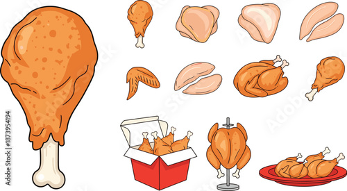 Comprehensive poultry and fried chicken vector set featuring flat illustrations of drumsticks, wings, breasts, whole rotisserie chicken, and crispy take-out boxes.