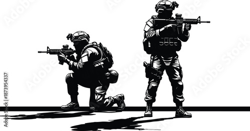 Two military soldiers in tactical gear with rifles standing and kneeling in black and white sketch style isolated on white background for army design