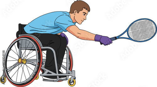 Young male athlete in a sports wheelchair playing tennis with blue racket and purple gloves isolated on white background for para sports competition