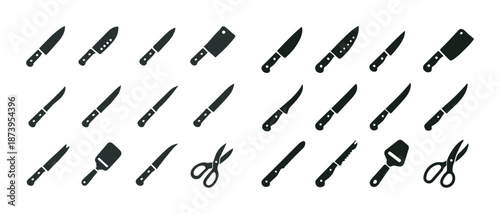 Various kitchen utensil silhouettes set: knives, scissors, peeler