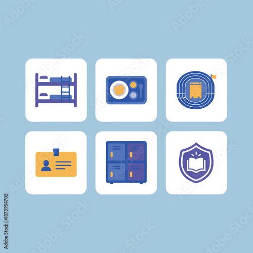 School dorm and campus facility icons, vector flat set featuring bunk beds, food tray, running track, student ID, storage lockers, and shield book