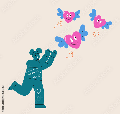 Girl trying to catch flying heart. Desire or aspiration. Colorful vector illustration