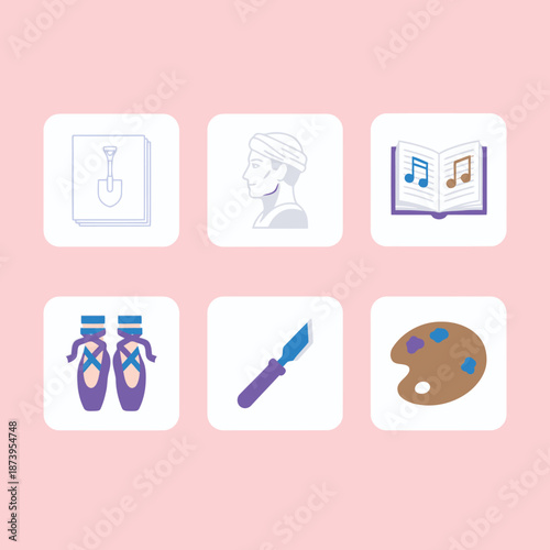 Fine arts and sculpture creative hobby icons, vector set featuring shovel sketch, sculpture bust, music book, ballet shoes, carving chisel, and paint palette