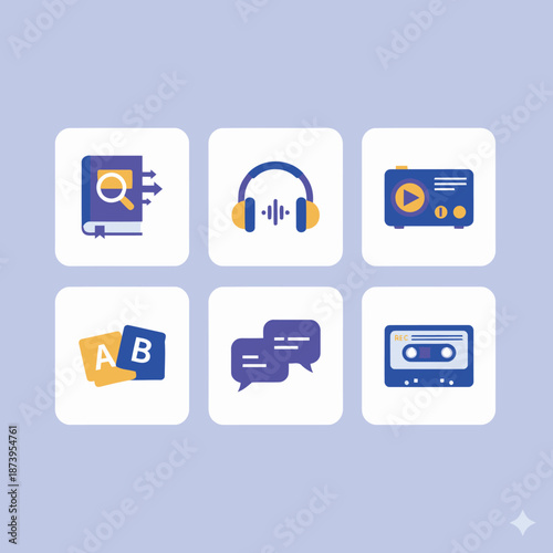 Language learning and audio education icons, vector set including dictionary book, headphones, radio player, letter blocks, speech bubbles, and cassette tape record