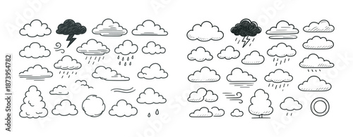 Doodle cloud variations with storm and rain elements in black and white