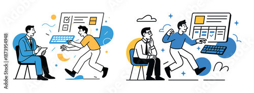Caucasian adults collaborating and presenting data in office meeting illustration