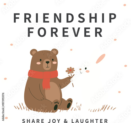 Cute brown bear wearing red scarf receiving a flower from a white rabbit on a grassy field with daisies, friendship forever and share joy concept illustration on black background