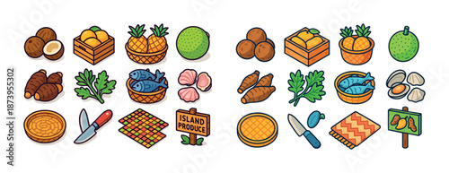 Colorful tropical produce icons with pineapples, fish, and cocoyams