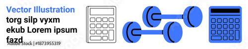Calculator, dumbbells in blue and white symbolizing a seamless balance between personal finances and physical well-being. Ideal for fitness apps, financial tools, health trackers, personal growth