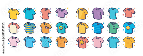 Colorful cartoon t-shirts collection with various designs and patterns