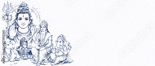 Lord Shiva family portrait with Goddess Parvati and Ganesha