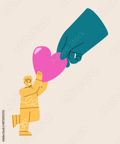 Support concept. Big hand gives heart to boy. Colorful vector illustration