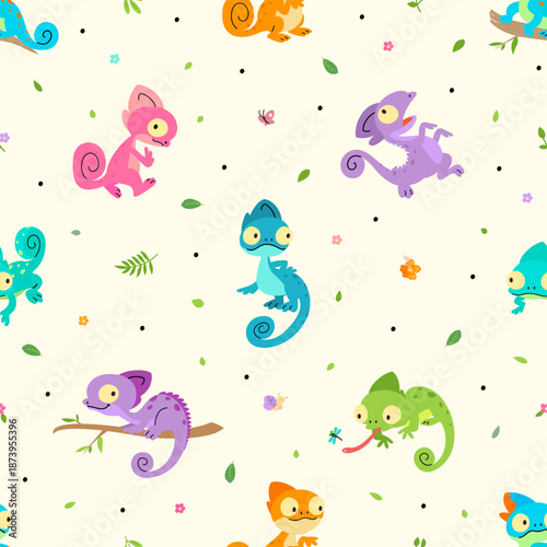 Chameleon seamless pattern. Crazy chameleons characters different poses, colorful cartoon salamanders or lizards. Bright print for textile, nowaday vector background