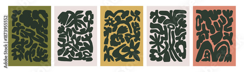 Abstract modern poster designs with natural floral shapes and forms, set. Flowers, leaves and branches silhouettes, cards with organic texture, in trendy contemporary style. Flat vector illustration
