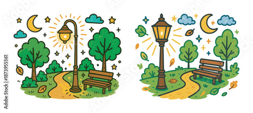 Whimsical night park scene with lamp, benches, and trees under crescent moon