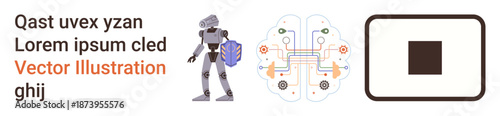 Artificial intelligence, cybersecurity, digital security, robotics, technology innovation, digital transformation. Robot holding shield, brain circuit QR code. AI and cybersecurity concept