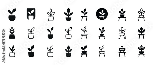 Collection of minimalist black plant icons in various pots and stands
