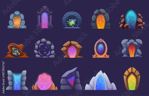 Cartoon magic gates. Futuristic entrances with shining plasma, glowing portals in stone frames and arches. Different computer game elements, sapid vector set