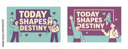 Cartoon characters with rocket celebrating ambitions and dreams