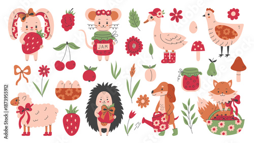 Coquette Garden Animals Set. Cute hand Drawn Cottagecore Rabbit Dog Hedgehog Mouse Hen Sheep Fox with gardening tools and bows. Flat Vector Illustration