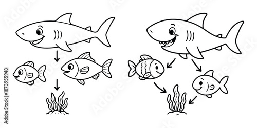 Cartoon shark and fish series with seaweed in a fun food chain illustration