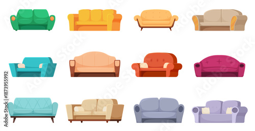 Interior soft sofa. Cartoon sofas, isolated vibrant furniture for living room, office, hotel hall, waiting area in bank. Apartment couches, sapid vector set