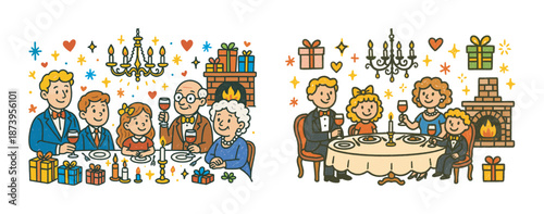 Festive family gatherings with caucasian adults and kids celebrating around cozy hearth