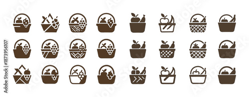 Collection of fruit basket icons in brown silhouette style