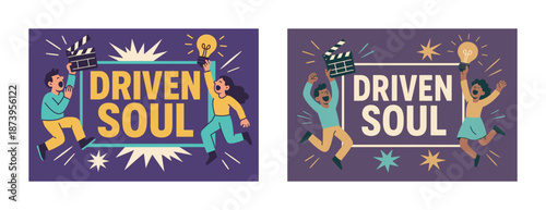 Energetic cartoon figures celebrating creativity with driven soul theme