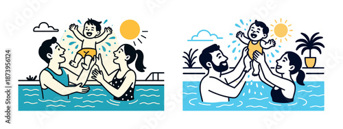 Happy family in pool with joyful child on a sunny day