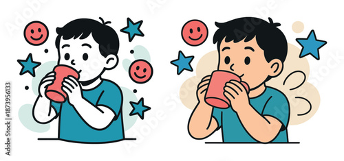 Young caucasian boy drinking from cup in cartoon style with stars and smiley faces
