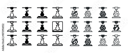 Hydraulic press icon set in various styles
