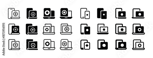 Minimalistic black and white icon set depicting electronic devices and target symbols