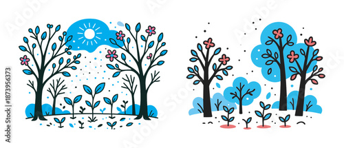 Colorful nature illustrations of trees and plants with blue sky and sun