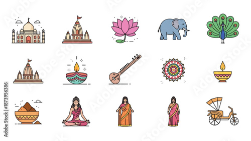 Collection of Indian cultural symbols and icons representing spirituality and tradition