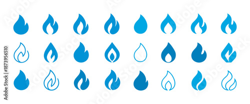 Collection of blue flame icons with various shapes and styles