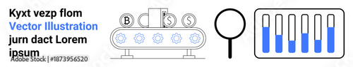 Conveyor belt sorts currency symbols, magnifier analyzes, and bar chart visualizes data. Ideal for automation, fintech, data analysis, productivity, financial tech, auditing simple landing page
