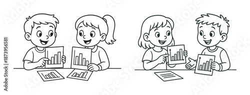 Cartoon children analyzing bar graphs and data sheets together