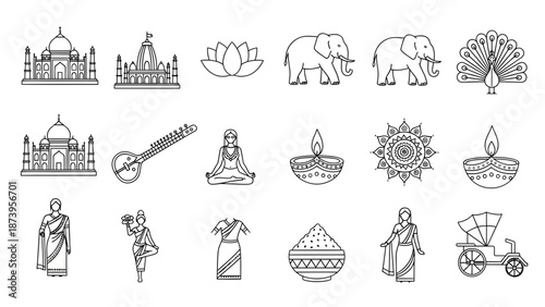 A collection of traditional Indian cultural icons and symbols illustrated in a minimalist line art style