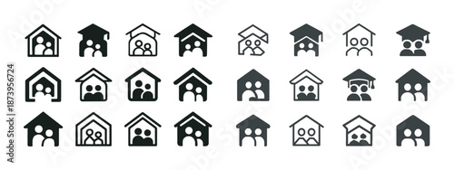 Diverse family education icons set in black and white