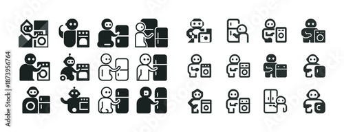 Icon set of robots and humans with appliances