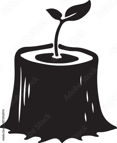 A tree with roots and a tree in a pot are isolated on white as brown liquid chocolate syrup drips from a spoon like sweet paint into a blue glass cup