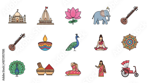 Vibrant cultural icons and symbols representing Indian heritage and traditions in a digital illustration