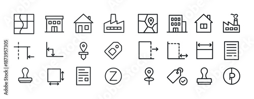 Vector icons for maps, construction, and document design elements