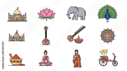 Cultural Icons and Symbols of India Illustrations Set against a White Background