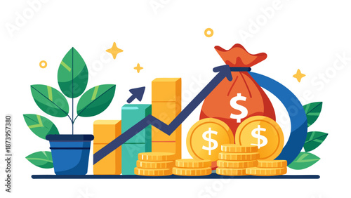 Strategic financial growth plan with upward arrow and investment symbols