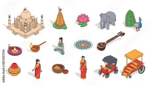 Vibrant cultural icons and symbols representing India's rich heritage and traditions in a colorful illustration.