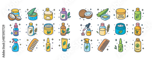 Colorful natural skincare products with coconut and aloe vera