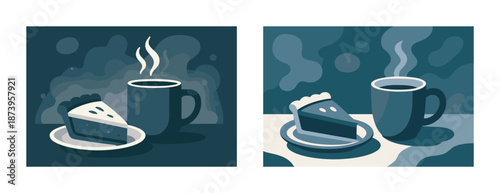 Steaming coffee and fresh pie in cozy atmosphere with minimalist design