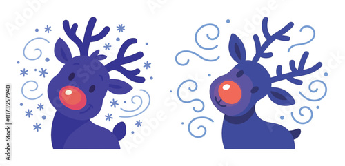 Festive cartoon reindeer with red noses and antlers amid snowflakes and swirls